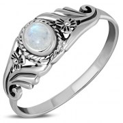 Flower Design Rainbow Moon Stone Silver Ring, r491